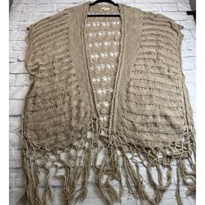 Kori Tan Open-Knit Fringe Sleeveless Cardigan. Size M/L. Boho. Coastal. Festival